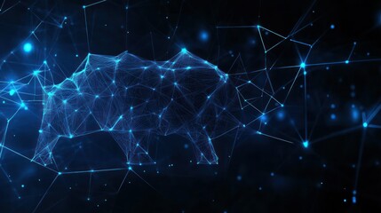 Obraz premium A digital representation of a rhinoceros formed by interconnected blue lines and points.