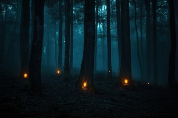 Fototapeta premium dark forest, trees with visible light at the base of their trunks, foggy night scene, mysterious and eerie atmosphere Generative AI