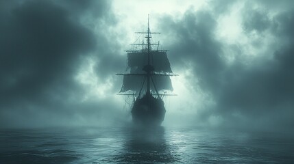 Fototapeta premium A ghost ship sailing through foggy waters under a stormy Halloween night sky.