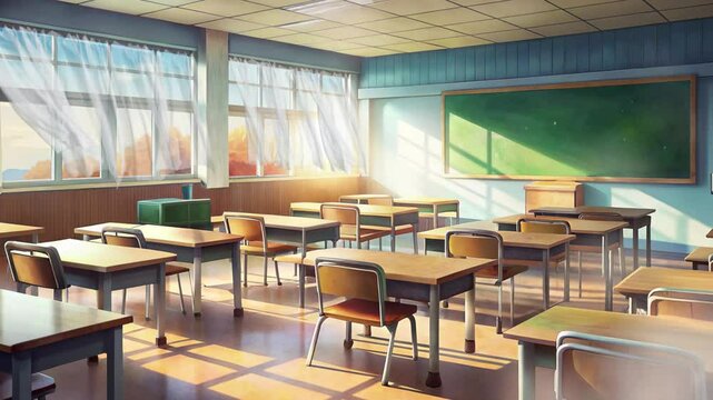 a quiet, unoccupied classroom with neatly arranged benches and blackboards