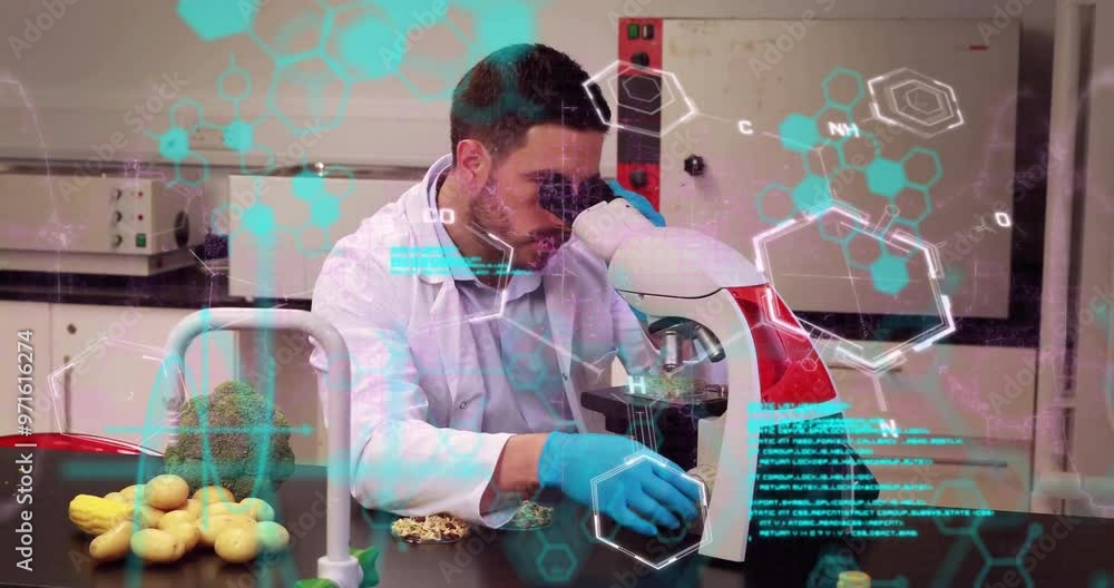 Poster animation of data processing and chemical formula over caucasian male scientist using microscope
