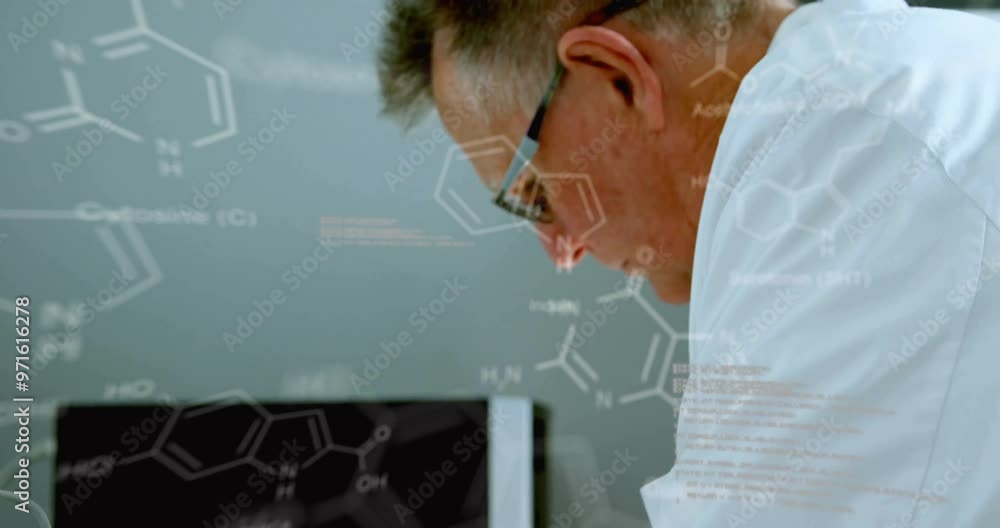 Poster animation of data processing and chemical formula over caucasian male scientist using computer
