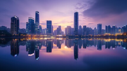 Fototapeta premium A vibrant city skyline at dusk, reflecting on a calm body of water.