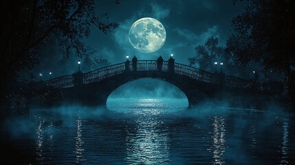 Fototapeta premium A haunted bridge with ghostly figures floating over the water, illuminated by the moonlight.