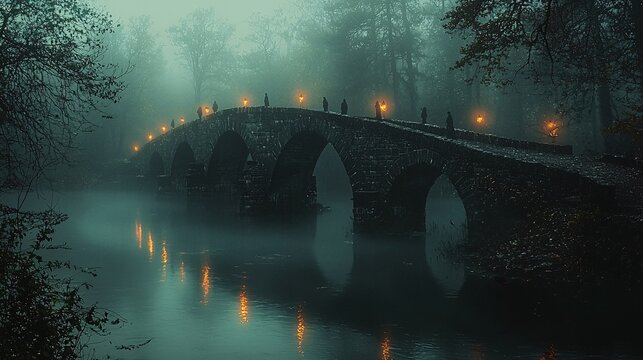 A haunted bridge with ghostly figures floating over the water, illuminated by the moonlight.