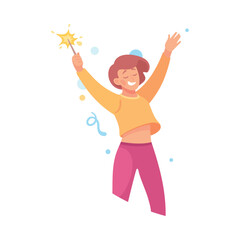 Holiday with Woman Character with Firecracker Cheering Vector Illustration