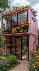 Charming Pink Container House Surrounded by Blossoms - A two-story pink container house adorned with vibrant flowers, blending modern architecture with a blooming garden.