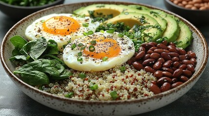   A close-up photo of an egg, bean, avocado, spinach, and rice dish