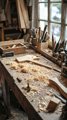 Obraz premium A sawdust covered workbench with tools and wood shavings creates rustic atmosphere