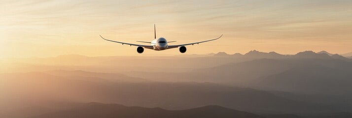 Obraz premium An airplane flies high above a breathtaking mountainous landscape as the sun sets in the distance. The scene evokes a sense of freedom, adventure, and the beauty of nature.