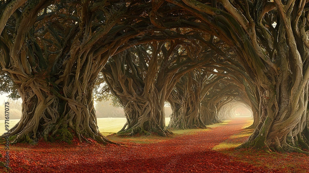 Poster   A row of trees with red leaves on the ground in the middle of a road surrounded by grass and trees