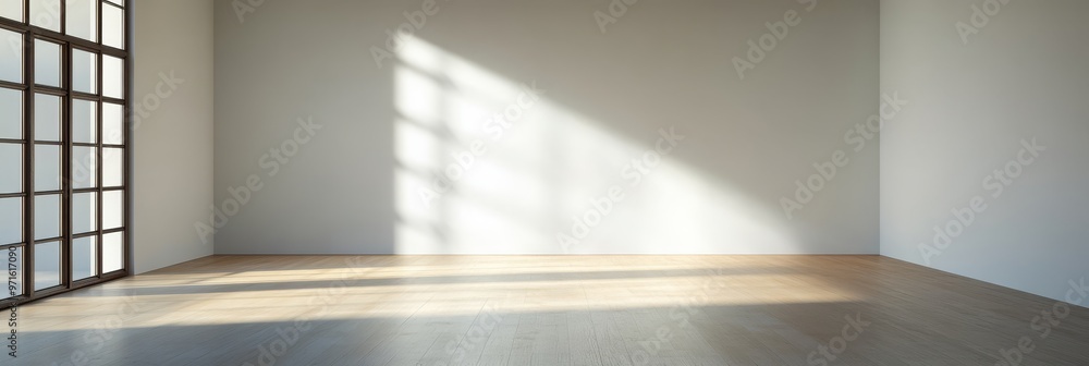 Poster an empty room with white walls and hardwood floors. sunlight streams through a large window, casting