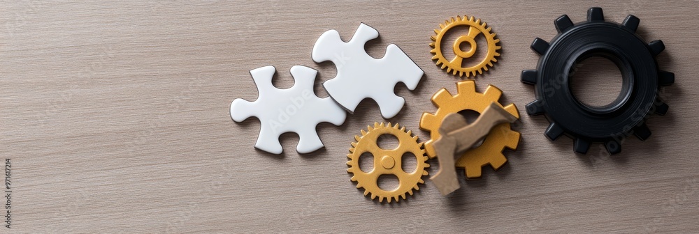 Poster an overhead shot of puzzle pieces and gears on a wooden surface. this image represents concepts such