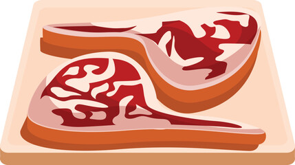 Two fresh raw red meat steaks are lying on wooden cutting board, side view