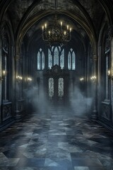 Obraz premium Eerie Abandoned Hallway With Intricate Architecture and Mist in a Dimly Lit Castle at Night