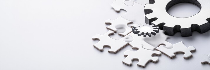 An overhead shot of puzzle pieces and gears, symbolizing teamwork, problem-solving, innovation, and finding solutions. The image conveys the concept of connecting different parts to achieve a common g