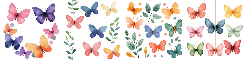 A vibrant collection of watercolor butterflies in various colors, perfect for designs, crafts, and creative projects.