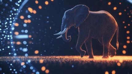 A glowing elephant silhouette in a digital, abstract environment.