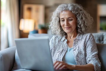 Happy curly middle aged woman using pc laptop surfing online sitting on sofa at home. Mature older lady looking away relaxing on couch with computer device in modern house living room