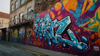 A detailed depiction of a graffiti mural, featuring abstract shapes, vibrant colors, and intricate patterns. The mural covers a large section of a brick wall