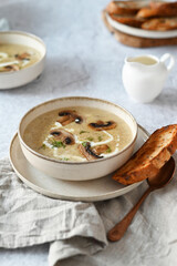 mushroom soup on the white table. mushroom soup with bread