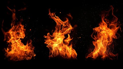 Three abstract flames isolated on a black background, symbolizing passion, energy, destruction, transformation, and power.