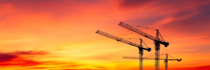 Three construction cranes stand tall against a vibrant sunset sky, symbolizing progress, ambition, and the potential for growth.  The fiery orange and yellow hues of the sky suggest a sense of energy 