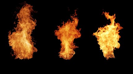 Three dynamic flames isolated on a black background, symbolizing energy, passion, destruction, power, and transformation.