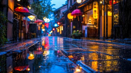 Obraz premium Rainy Night Street in Japan with Reflections of Lights