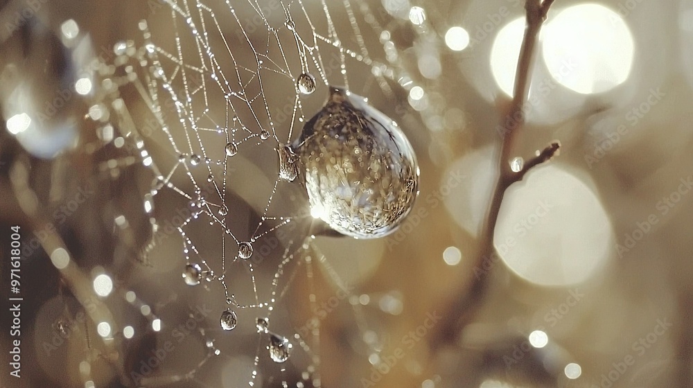 Poster close-up of a spider web on tree branch with water droplets