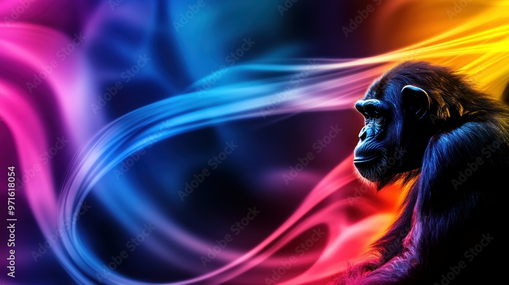 Poster a colorful abstract background featuring a side profile of a chimpanzee.