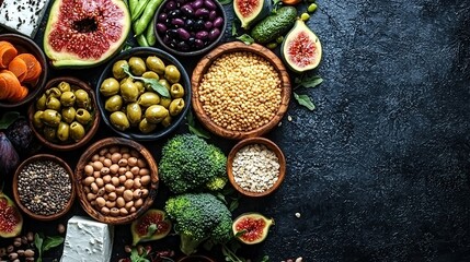   A table with various fruit and vegetable bowls alongside bean and broccoli bowls