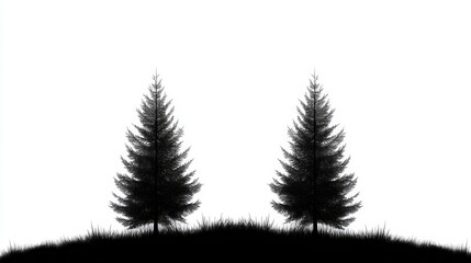 Obraz premium Two coniferous spruce fir trees stand tall on a hill, their silhouettes against a white background symbolizing nature, peace, strength, growth, and resilience.