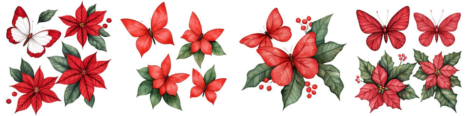 Obraz premium Vibrant collection of red flowers and butterflies, perfect for spring and summer designs. Bright and colorful floral arrangement.