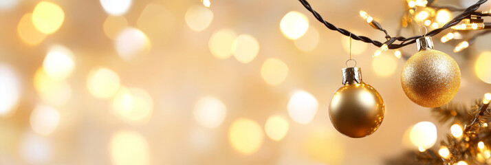Two golden ornaments hang from a branch against a backdrop of warm, glowing lights. This image evokes feelings of celebration, warmth, and holiday cheer. The soft bokeh creates a dreamy, magical ambia
