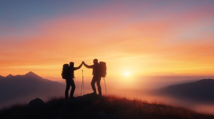Fototapeta premium Two hikers stand silhouetted against a breathtaking sunrise, high atop a mountain, celebrating their accomplishment and enjoying the panoramic view. The image evokes a sense of teamwork, perseverance