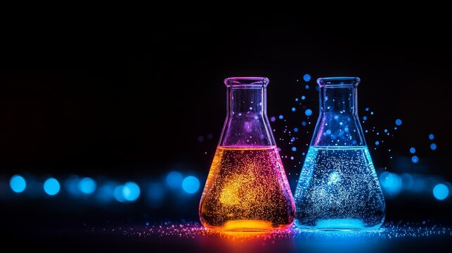 Two glass beakers filled with vibrantly colored glowing liquid, set against a backdrop of twinkling lights, represent the potential for discovery, creativity, and the pursuit of knowledge.