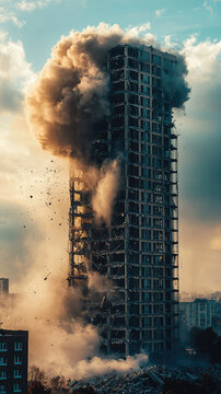 A skyscraper imploding in controlled demolition creates dramatic scene