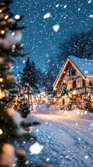 A snow covered Christmas village scene with twinkling lights creates magical atmosphere