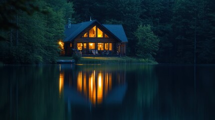 Fototapeta premium A serene lakeside cabin illuminated at dusk, reflecting on calm water.