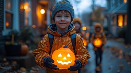 Fototapeta premium A group of trick-or-treaters in costume, holding glowing candy bags as they walk down a dark street.