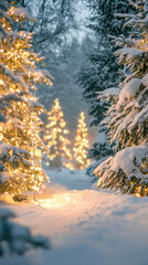 Snowy forest scene with glowing lights illuminating path ahead