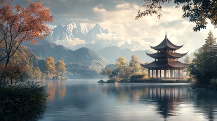 Obraz premium Tranquil Pagoda on a Serene Mountain Lake at Sunrise