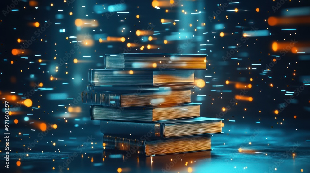 Poster a stack of books surrounded by glowing particles, evoking a sense of knowledge and imagination.