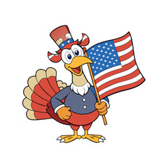 Cartoon Turkey Holding the American Flag Clipart isolated vector illustration