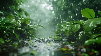 Wet forest floor with colorful plants and leaves glistening after rainfall, creating a calm and vibrant natural scene.
