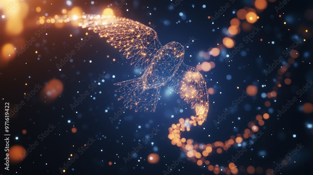 Poster a digital representation of a bird soaring through a cosmic backdrop of light and color.