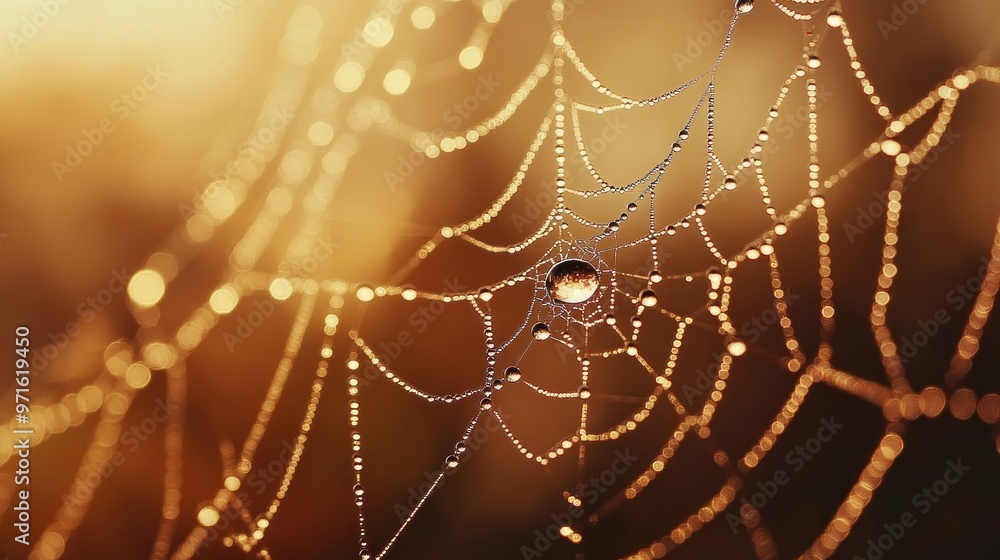 Aufkleber a close-up of a spider web adorned with dew drops, illuminated by soft light.