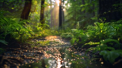 A lush forest floor full of vibrant plants, drenched with rain and showcasing the beauty of natural greenery.
