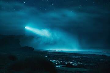 Naklejka premium Powerful searchlight illuminating the night sky, symbolizing discovery focus amidst darkness.